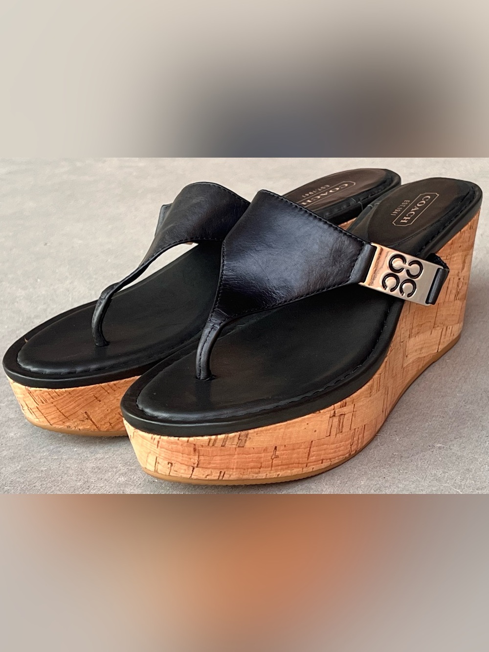 Coach Jan Black Leather Cork Platform Wedge Thong Sandals Signature C Size 8 NEW